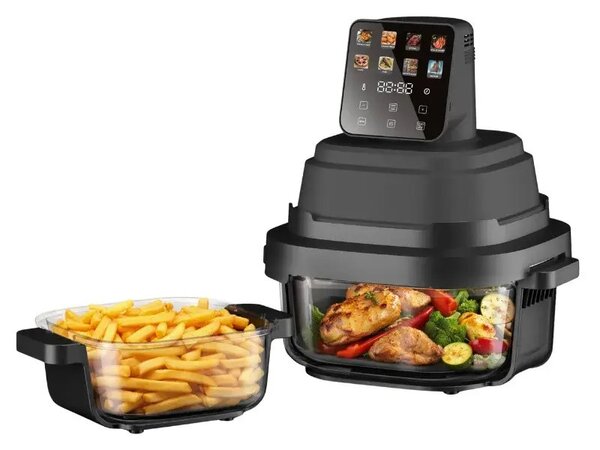 Фритюрник с горещ въздух Just Perfecto JP-AF4GL, 1500 W, 1.5/4 л, 8 програми, 80-200 C, 360° Hot Air Circulation, Термоустойчива стъклена конструкция, Черен
