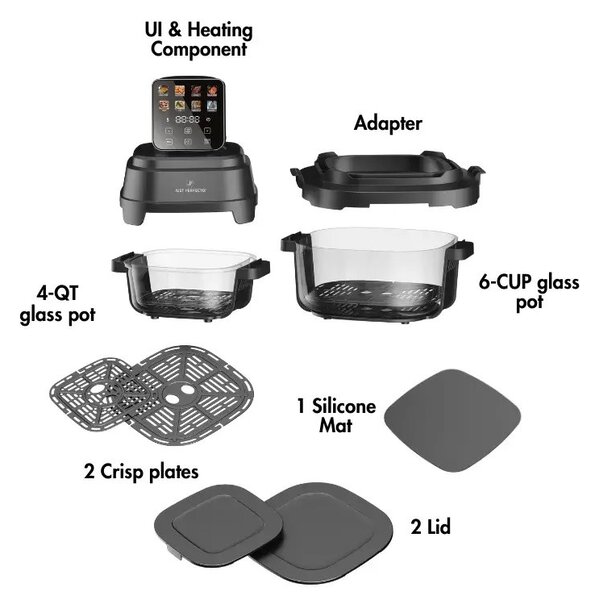 Фритюрник с горещ въздух Just Perfecto JP-AF4GL, 1500 W, 1.5/4 л, 8 програми, 80-200 C, 360° Hot Air Circulation, Термоустойчива стъклена конструкция, Черен