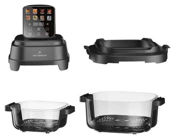 Фритюрник с горещ въздух Just Perfecto JP-AF4GL, 1500 W, 1.5/4 л, 8 програми, 80-200 C, 360° Hot Air Circulation, Термоустойчива стъклена конструкция, Черен