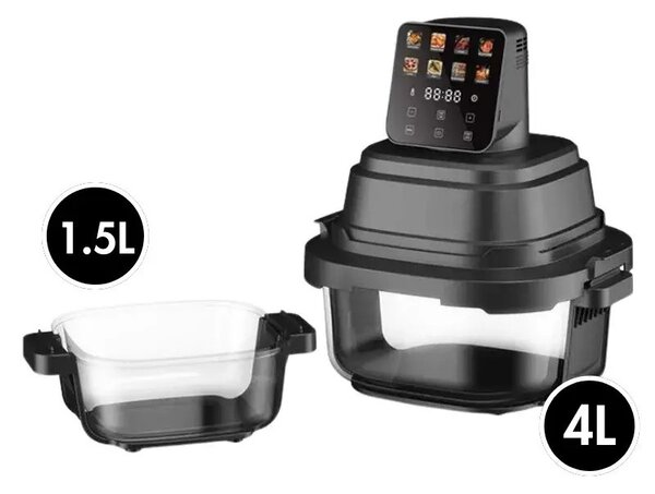 Фритюрник с горещ въздух Just Perfecto JP-AF4GL, 1500 W, 1.5/4 л, 8 програми, 80-200 C, 360° Hot Air Circulation, Термоустойчива стъклена конструкция, Черен