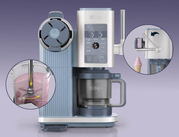 Машина за сладолед 13-в-1 Ninja CREAMi Scoop & Swirl™ NC702EU, 800W, 13 програми, 3-степенен лост за фунийки, CreamiFit, Creamify, 2 купички 473 мл, Персонализация, Син/Сив