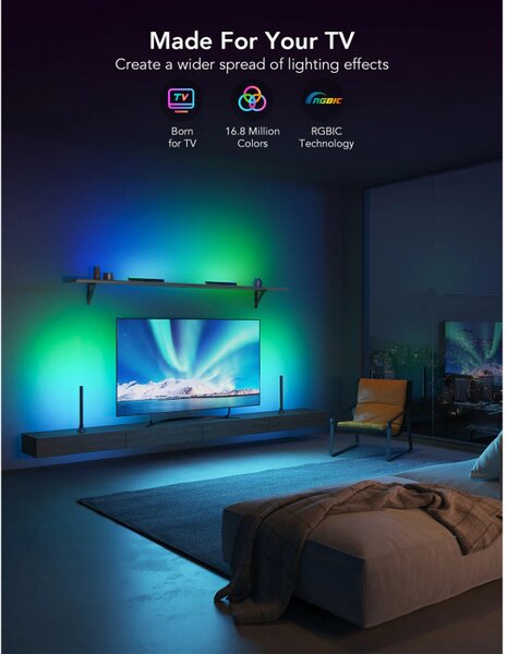 Комплект 2 Smart LED лампи за телевизор Govee H6046 RGBIC, 24W, Адресируеми цветни сегменти, Wi-Fi, Bluetooth, Govee Home, Черен