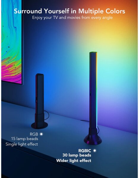 Комплект 2 Smart LED лампи за телевизор Govee H6046 RGBIC, 24W, Адресируеми цветни сегменти, Wi-Fi, Bluetooth, Govee Home, Черен