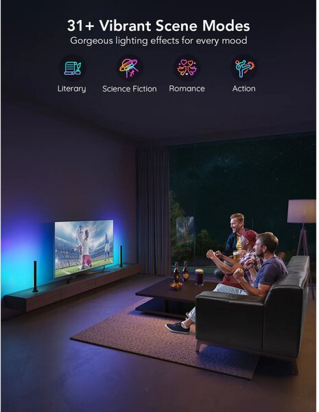 Комплект 2 Smart LED лампи за телевизор Govee H6046 RGBIC, 24W, Адресируеми цветни сегменти, Wi-Fi, Bluetooth, Govee Home, Черен