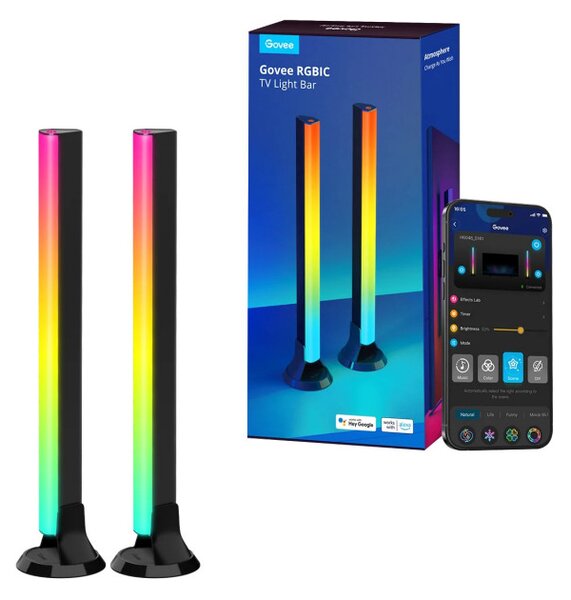 Комплект 2 Smart LED лампи за телевизор Govee H6046 RGBIC, 24W, Адресируеми цветни сегменти, Wi-Fi, Bluetooth, Govee Home, Черен