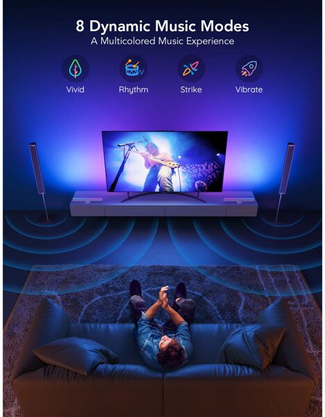 Комплект 2 Smart LED лампи за телевизор Govee H6046 RGBIC, 24W, Адресируеми цветни сегменти, Wi-Fi, Bluetooth, Govee Home, Черен