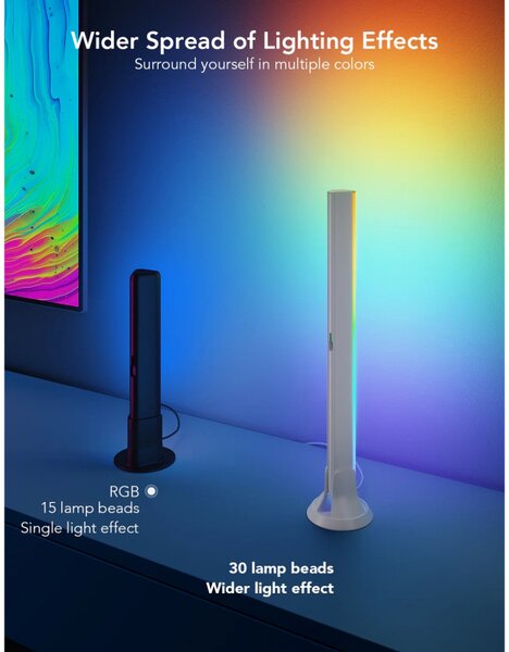 Комплект 2 Smart LED лампи за телевизор Govee H6046 RGBIC, 24W, Адресируеми цветни сегменти, Wi-Fi, Bluetooth, Govee Home, Черен