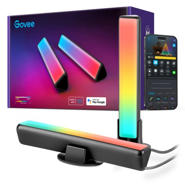 Комплект 2 Smart LED лампи Govee Flow Plus RGBICWW H6056, 18W, Адресируеми цветни сегменти, Wi-Fi, Bluetooth, Govee Home, Черен