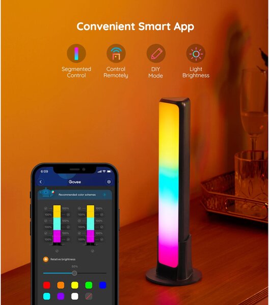 Комплект 2 Smart LED лампи Govee Flow Plus RGBICWW H6056, 18W, Адресируеми цветни сегменти, Wi-Fi, Bluetooth, Govee Home, Черен