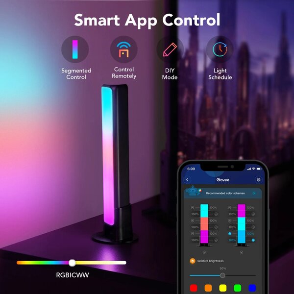 Комплект 2 Smart LED лампи Govee Flow Plus RGBICWW H6056, 18W, Адресируеми цветни сегменти, Wi-Fi, Bluetooth, Govee Home, Черен