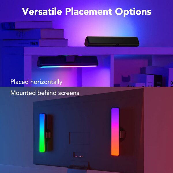 Комплект 2 Smart LED лампи Govee Flow Plus RGBICWW H6056, 18W, Адресируеми цветни сегменти, Wi-Fi, Bluetooth, Govee Home, Черен