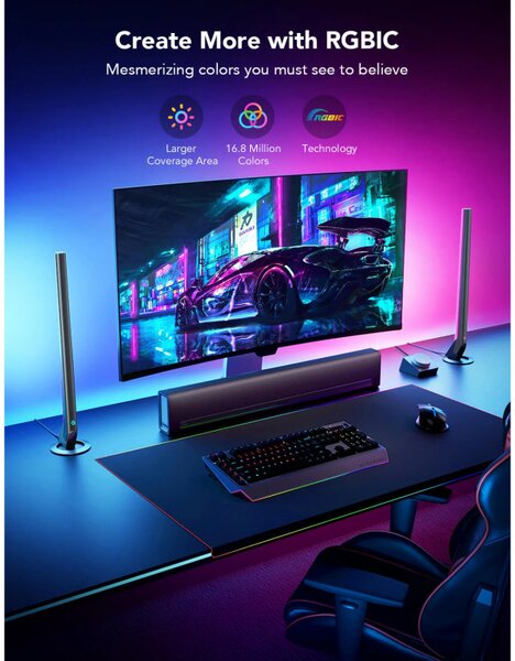 Комплект 2 Smart LED гейминг лампи Govee RGBIC H6047, 24W, Адресируеми цветни сегменти, Wi-Fi, Bluetooth, Govee Home, Черен