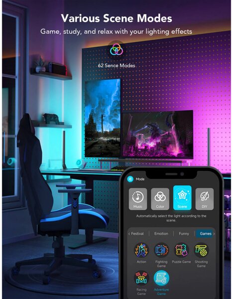 Комплект 2 Smart LED гейминг лампи Govee RGBIC H6047, 24W, Адресируеми цветни сегменти, Wi-Fi, Bluetooth, Govee Home, Черен