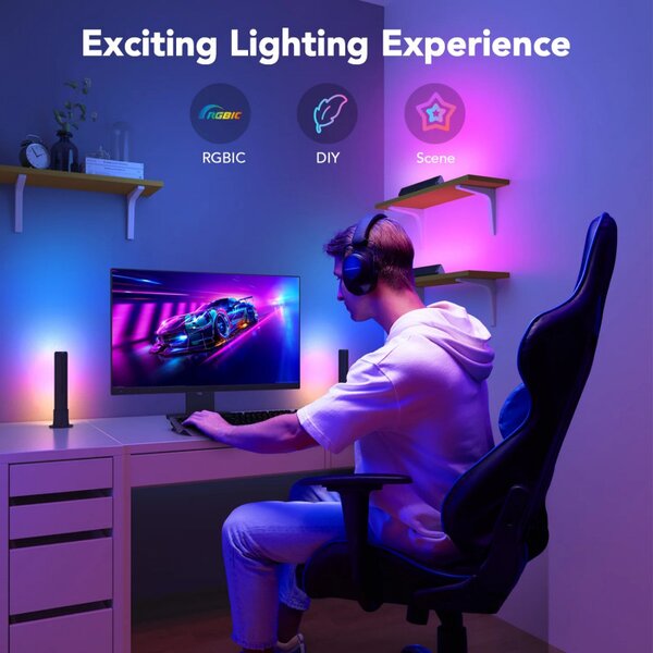 Комплект 2 Smart LED лампи Govee Flow Plus RGBICWW H6056, 18W, Адресируеми цветни сегменти, Wi-Fi, Bluetooth, Govee Home, Черен