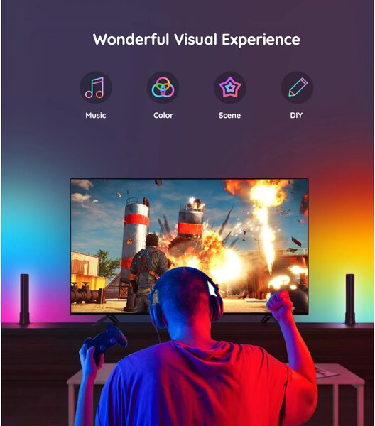Комплект 2 Smart LED лампи Govee Flow Plus RGBICWW H6056, 18W, Адресируеми цветни сегменти, Wi-Fi, Bluetooth, Govee Home, Черен