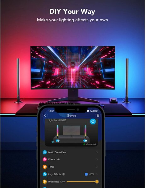 Комплект 2 Smart LED гейминг лампи Govee RGBIC H6047, 24W, Адресируеми цветни сегменти, Wi-Fi, Bluetooth, Govee Home, Черен