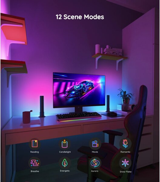 Комплект 2 Smart LED лампи Govee Flow Plus RGBICWW H6056, 18W, Адресируеми цветни сегменти, Wi-Fi, Bluetooth, Govee Home, Черен