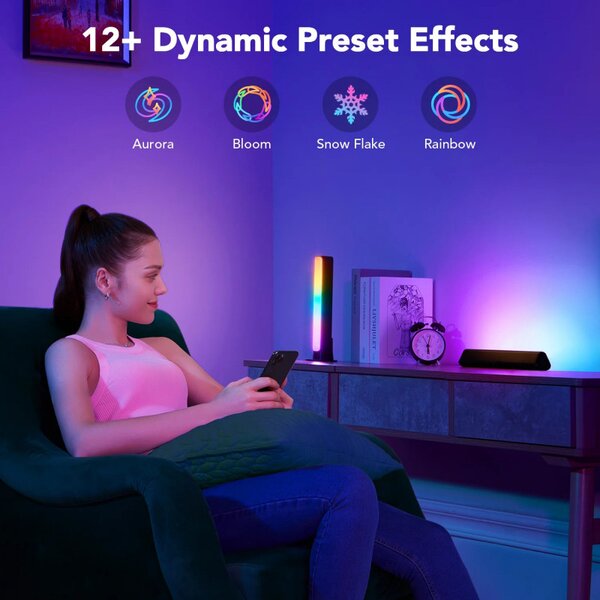 Комплект 2 Smart LED лампи Govee Flow Plus RGBICWW H6056, 18W, Адресируеми цветни сегменти, Wi-Fi, Bluetooth, Govee Home, Черен