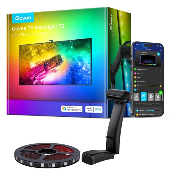 Smart LED лента за телевизор Govee Envisual T2 RGBIC H605C, 36W, Адресируеми цветни сегменти, Wi-Fi, Bluetooth, До 65" TV, Цветова синхронизация, Гласово управление, Черен