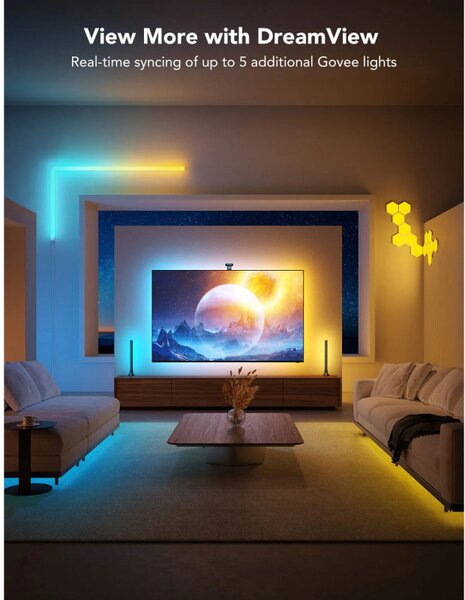 Smart LED лента за телевизор Govee Envisual T2 RGBIC H605C, 36W, Адресируеми цветни сегменти, Wi-Fi, Bluetooth, До 65" TV, Цветова синхронизация, Гласово управление, Черен