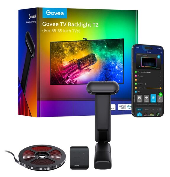 Smart LED лента за телевизор Govee Envisual T2 RGBIC H605C, 36W, Адресируеми цветни сегменти, Wi-Fi, Bluetooth, До 65" TV, Цветова синхронизация, Гласово управление, Черен
