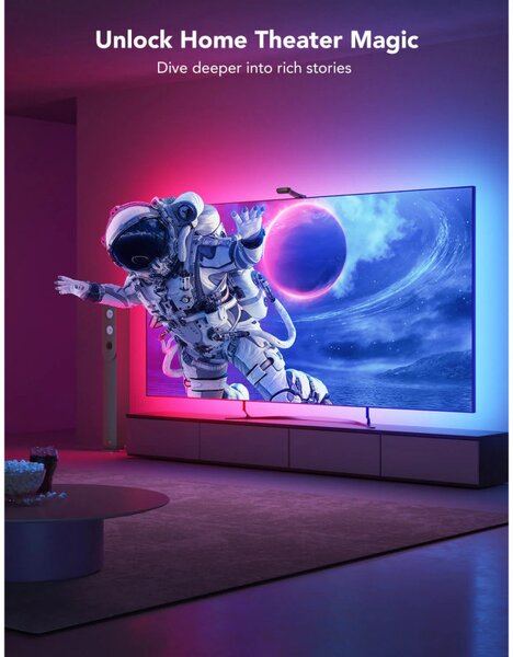 Smart LED лента за телевизор Govee Envisual T2 RGBIC H605C, 36W, Адресируеми цветни сегменти, Wi-Fi, Bluetooth, До 65" TV, Цветова синхронизация, Гласово управление, Черен