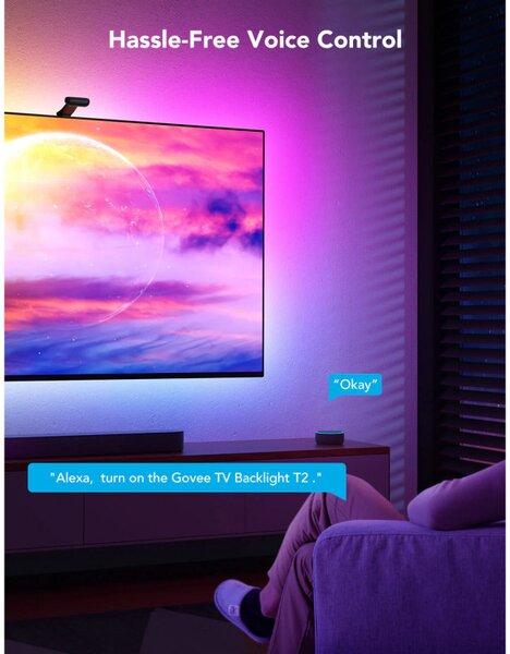 Smart LED лента за телевизор Govee Envisual T2 RGBIC H605C, 36W, Адресируеми цветни сегменти, Wi-Fi, Bluetooth, До 65" TV, Цветова синхронизация, Гласово управление, Черен