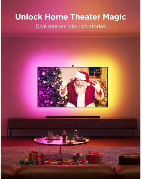 Smart LED лента за телевизор Govee Envisual T2 RGBIC H605C, 36W, Адресируеми цветни сегменти, Wi-Fi, Bluetooth, До 65" TV, Цветова синхронизация, Гласово управление, Черен