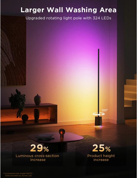 Подова Smart LED лампа Govee Floor Lamp Pro RGBICWW H6079, 170 см, 48W, 2100 lm, 6500K, Wi-Fi, Bluetooth, Govee Home, Черен