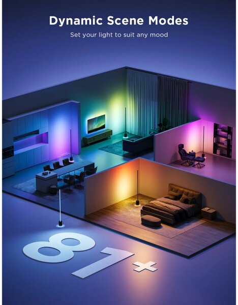 Подова Smart LED лампа Govee Floor Lamp Pro RGBICWW H6079, 170 см, 48W, 2100 lm, 6500K, Wi-Fi, Bluetooth, Govee Home, Черен