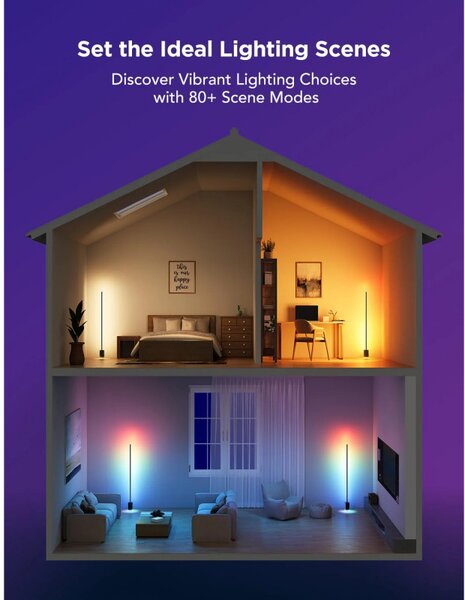 Подова Smart LED лампа Govee Floor Lamp 2 RGBICWW H607C, 152 см, 30W, 1725 lm, 6500K, Wi-Fi, Bluetooth, Govee Home, Черен