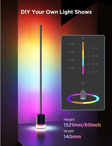 Подова Smart LED лампа Govee Floor Lamp 2 RGBICWW H607C, 152 см, 30W, 1725 lm, 6500K, Wi-Fi, Bluetooth, Govee Home, Черен