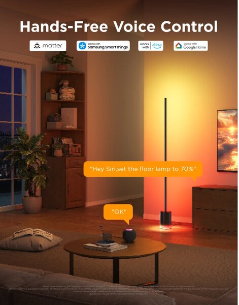 Подова Smart LED лампа Govee Floor Lamp 2 RGBICWW H607C, 152 см, 30W, 1725 lm, 6500K, Wi-Fi, Bluetooth, Govee Home, Черен