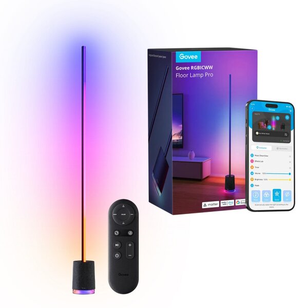 Подова Smart LED лампа Govee Floor Lamp Pro RGBICWW H6079, 170 см, 48W, 2100 lm, 6500K, Wi-Fi, Bluetooth, Govee Home, Черен