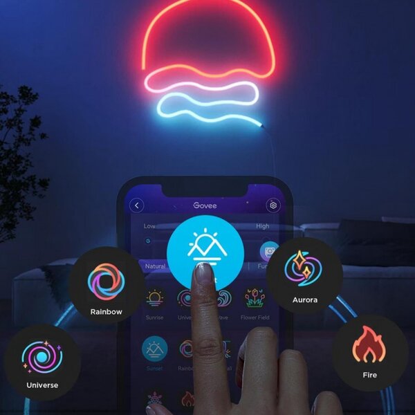 Smart LED лента Govee Neon Rope Light 2 RGBIC H61D5301, 48W, 5 m, 173 lm, Bluetooth, Wi-Fi, Matter, Таймер, Самозалепваща, 420 диода, 11 музикални режима, Бял
