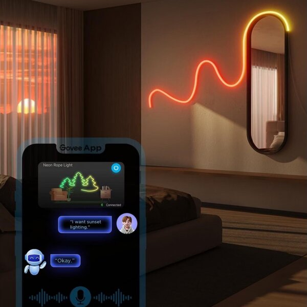 Smart LED лента Govee Neon Rope Light 2 RGBIC H61D5301, 48W, 5 m, 173 lm, Bluetooth, Wi-Fi, Matter, Таймер, Самозалепваща, 420 диода, 11 музикални режима, Бял