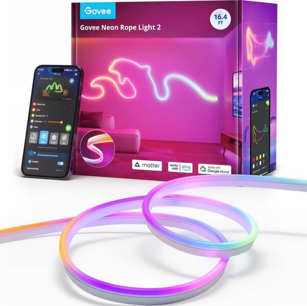 Smart LED лента Govee Neon Rope Light 2 RGBIC H61D5301, 48W, 5 m, 173 lm, Bluetooth, Wi-Fi, Matter, Таймер, Самозалепваща, 420 диода, 11 музикални режима, Бял