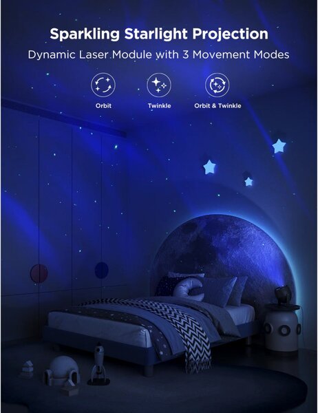 Smart лампа тип проектор за звезди Govee Star Light Projector H6093, 12W, RGBW, Гласово управление, Wi-Fi, Bluetooth, Черен
