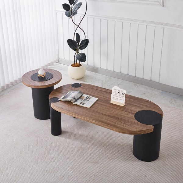 Странична маса OVALON – MDF плот орех, черен крак, φ45x50 см