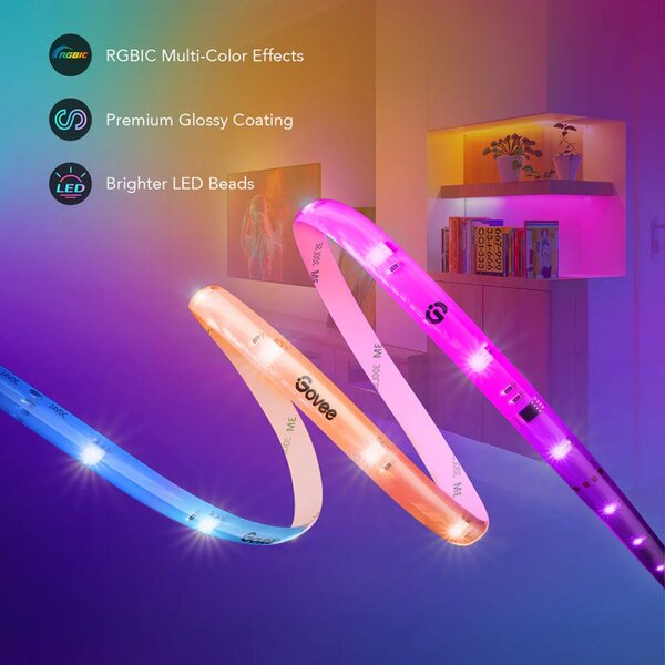 Smart LED лента Govee RGBIC H612CCD1, 36W, 10 м, RGBICW, 240 диода, Bluetooth, Wi-Fi, Черен