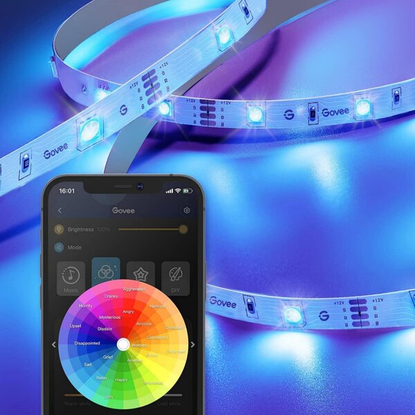 Комплект Smart LED лента Govee H615A3A3, 5 m, Wi-Fi, Bluetooth, Музикална синхронизация, Самозалепваща, Бял