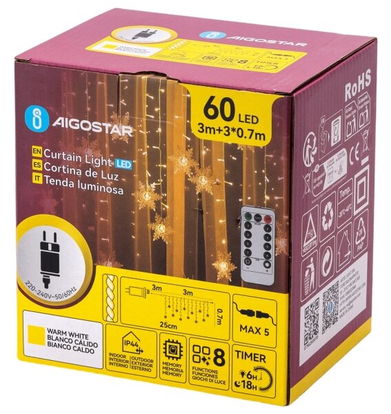 Aigostar - LED външен коледен гирлянд 120xLED/6W/230V/8 функции 3x0,7m IP44 топла бяла+ДУ