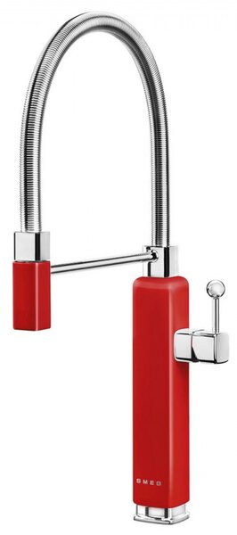 Полупрофесионален смесител за вода Smeg MDF50RD, 5 bar, Подвижна слушалка, Въртящ се на 360° чучур, Червен
