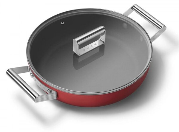 Плитка тенджера с капак Smeg CKFD2811RDM, 28 см, 3.7 л, Незалепващо покритие с 3 слоя, Фурна до 250C, Без PFAS, Индукция, Червен