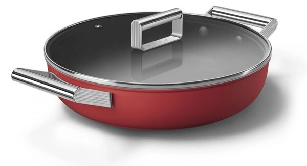 Плитка тенджера с капак Smeg CKFD2811RDM, 28 см, 3.7 л, Незалепващо покритие с 3 слоя, Фурна до 250C, Без PFAS, Индукция, Червен