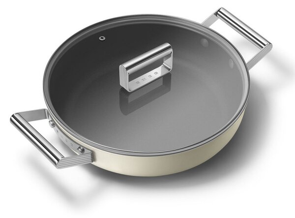 Плитка тенджера с капак Smeg DPF2812CRM, 28 см, 4.3 л, Керамично незалепващо покритие, Фурна до 250C, Без PFAS, Индукция, Крема