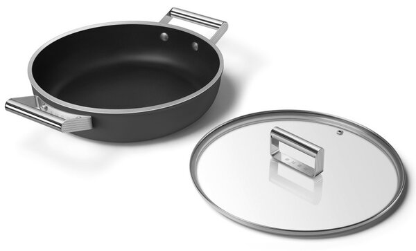 Плитка тенджера с капак Smeg DPF2812BLM, 28 см, 4.3 л, Керамично незалепващо покритие, Фурна до 250C, Без PFAS, Индукция, Черен
