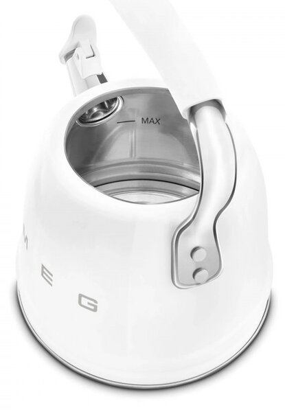 Свирещ чайник Smeg CKLW2001WH, 2.3 л, Индукция, Ненагряваща се дръжка, Стомана, Бял
