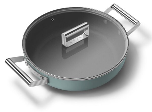 Плитка тенджера с капак Smeg DPF2812EGM, 28 см, 4.3 л, Керамично незалепващо покритие, Фурна до 250C, Без PFAS, Индукция, Изумрудено зелен