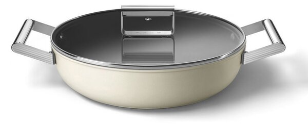 Плитка тенджера с капак Smeg DPF2812CRM, 28 см, 4.3 л, Керамично незалепващо покритие, Фурна до 250C, Без PFAS, Индукция, Крема